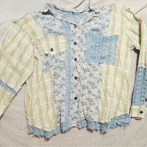 Women’s Blue Velvet Patchwork Button-Up Shirt in Light Blue & Pale Green